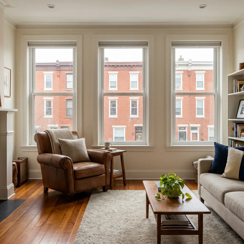 Philadelphia rowhome after solar control window film installation — soft even light, clear view