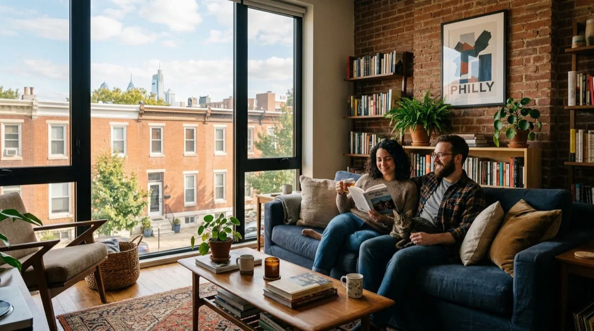 Solar control window film installed in Philadelphia rowhome — warm filtered afternoon light throughout