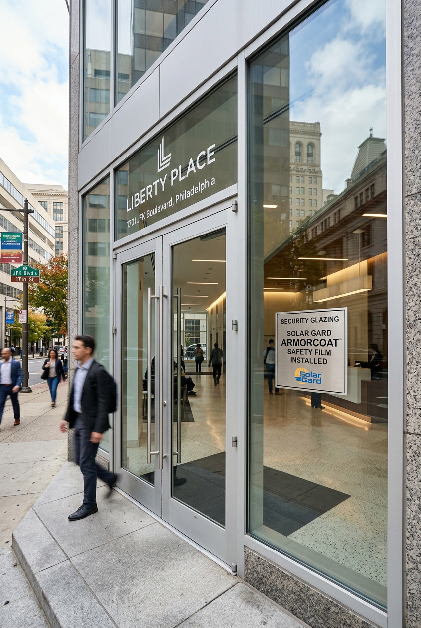 Solar Gard ArmorCoat safety and security window film on Philadelphia school entrance glass