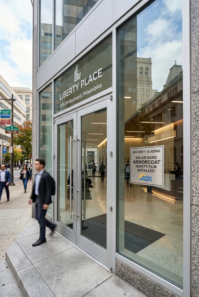 Solar Gard ArmorCoat safety and security window film on Philadelphia school entrance glass