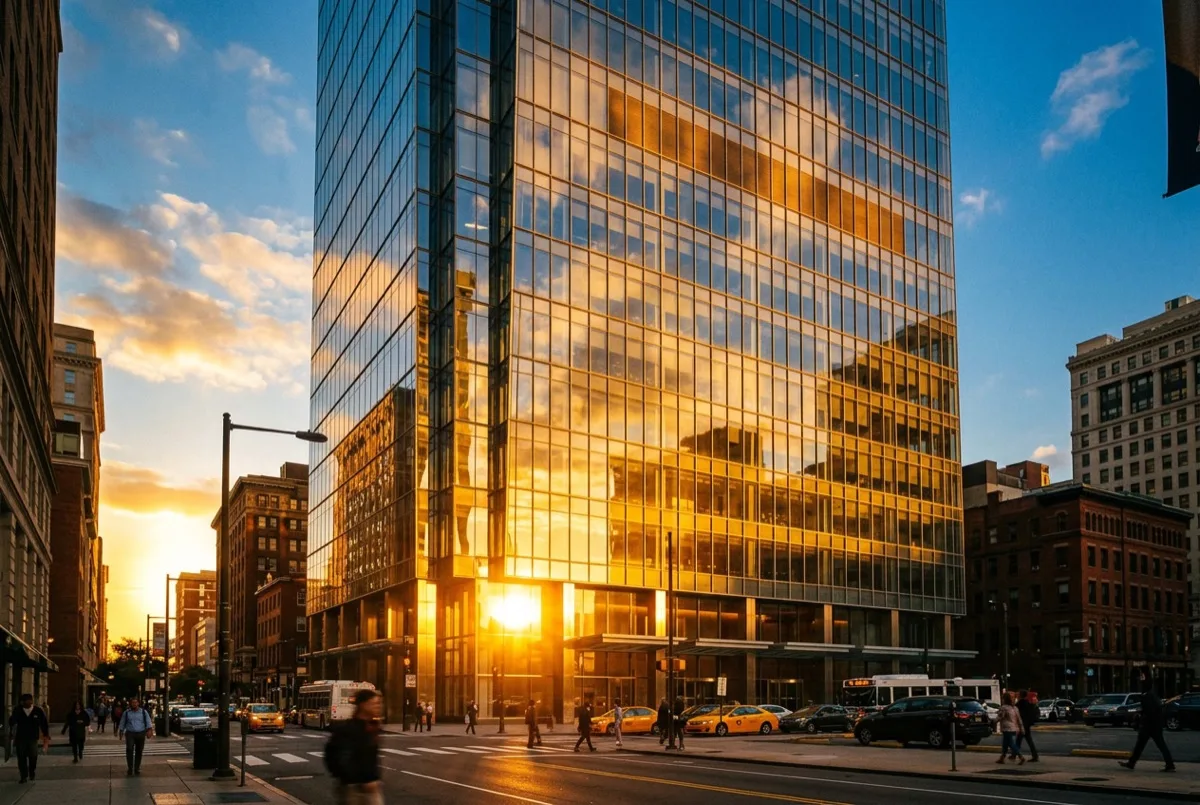 Solar heat gain on Philadelphia office building glass — reduced by energy saving window film installation