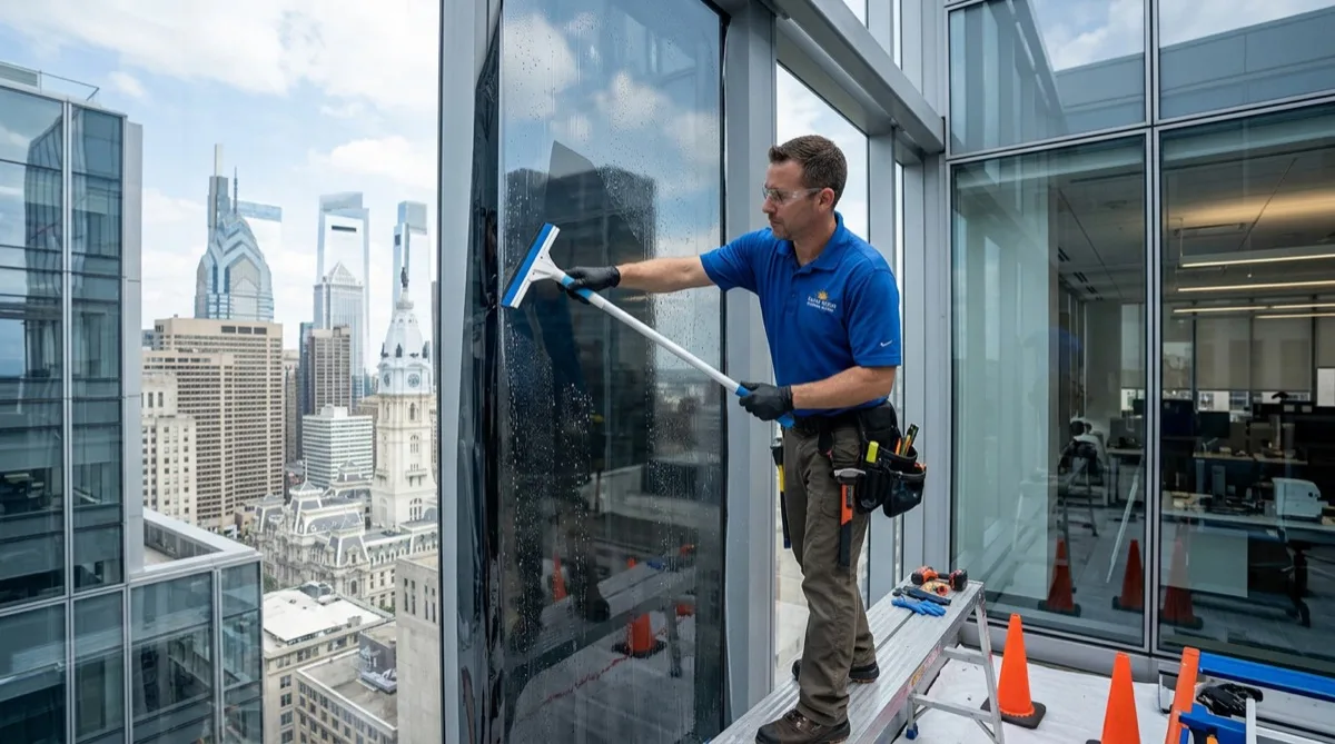 Professional solar window film installation on Philadelphia commercial building glass