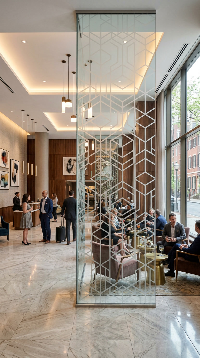 Philadelphia hotel lobby with geometric decorative window film pattern on glass partition, architectural interior