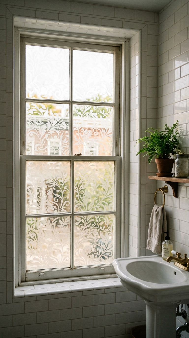 Elegant frosted etched glass film on Philadelphia rowhome bathroom window with soft diffused natural light