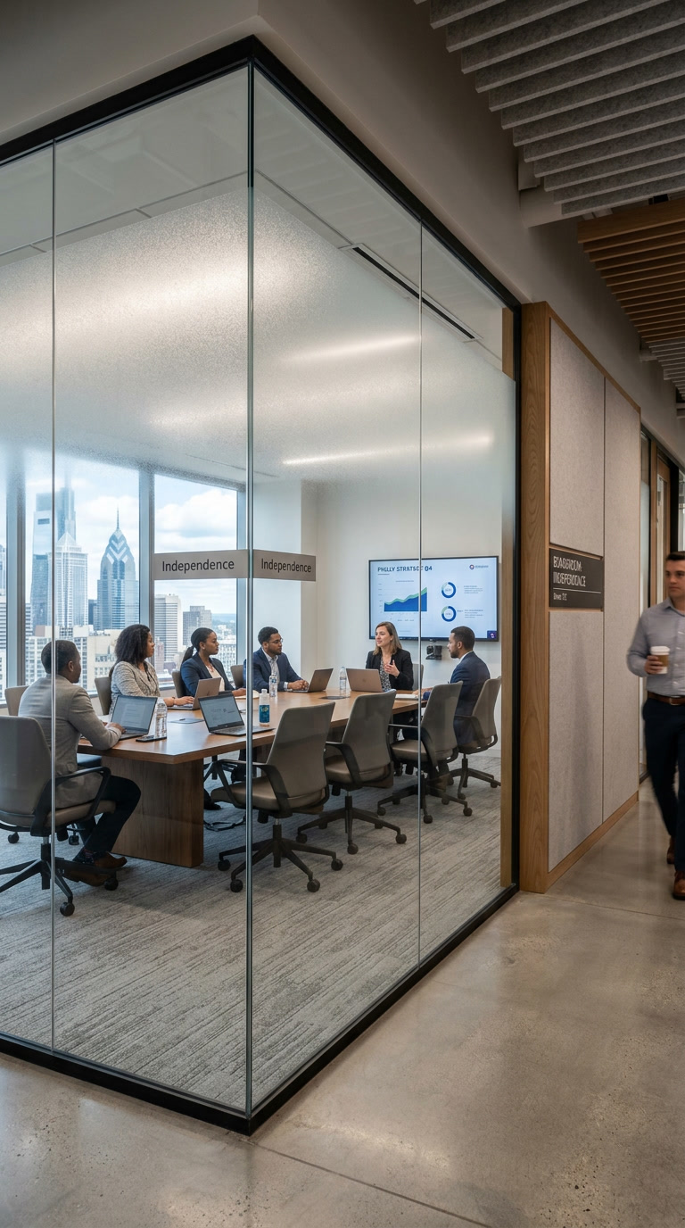 Philadelphia conference room glass wall with gradient fade window film transitioning from frosted top to clear bottom