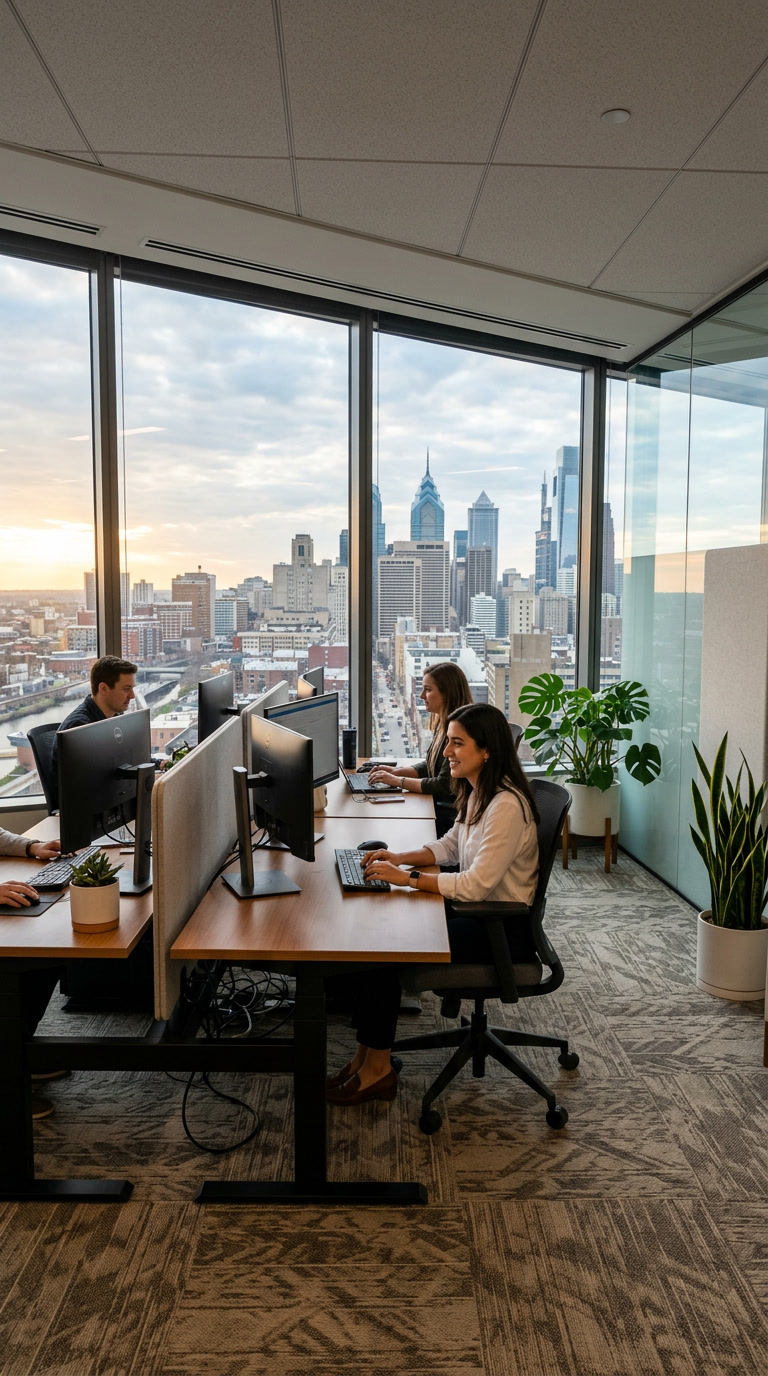 Philadelphia west-facing office interior with UltraCool solar control window film, comfortable even lighting, city skyline visible