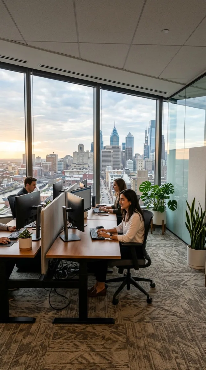 Philadelphia west-facing office interior with UltraCool solar control window film, comfortable even lighting, city skyline visible