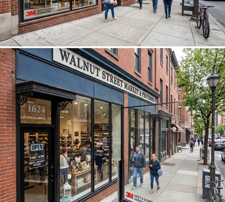 Philadelphia retail storefront with clear UltraSafe safety window film on ground-floor plate glass, urban street setting