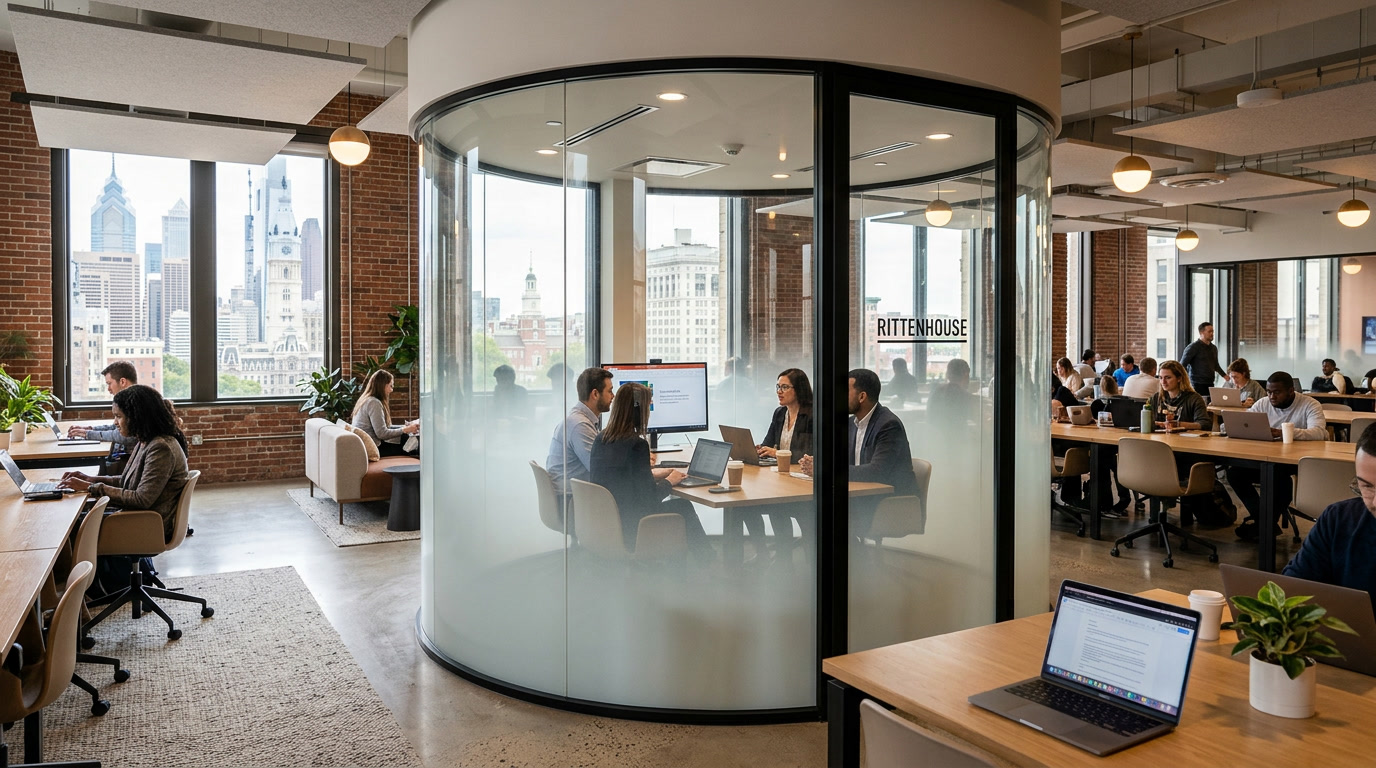 Philadelphia co-working space with Solyx gradient privacy film on glass conference pod walls, open-plan layout