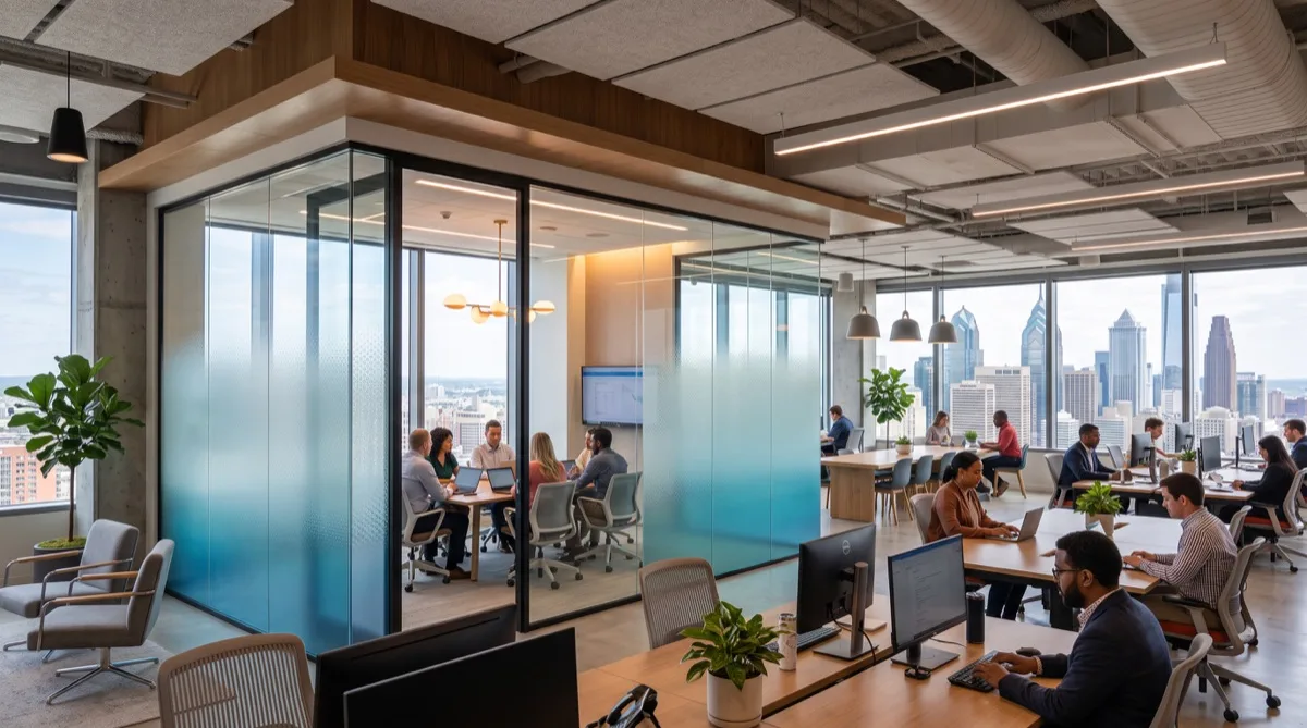 Modern Center City Philadelphia open-plan office with Solyx gradient window film on conference room glass walls