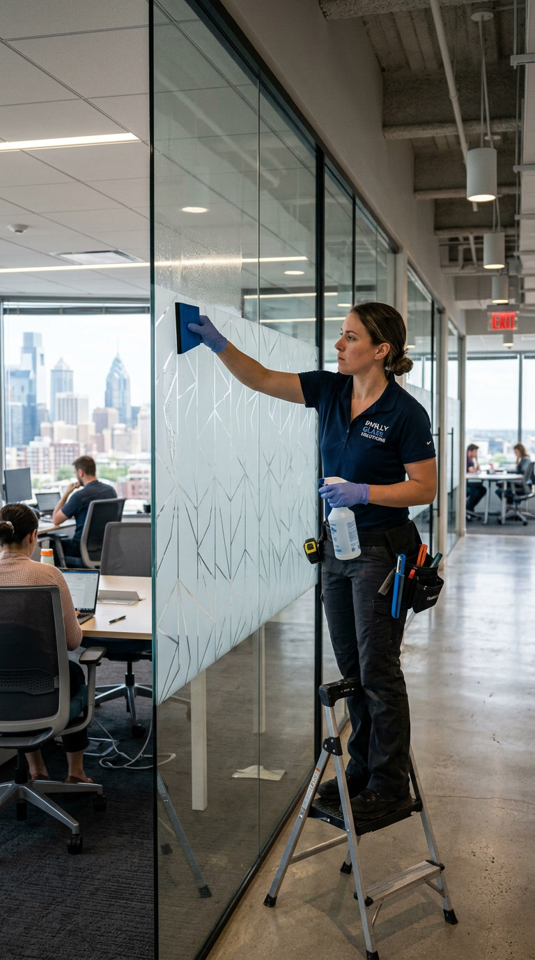 Window Film Philadelphia installer applying Solyx decorative film to a Philadelphia office glass partition