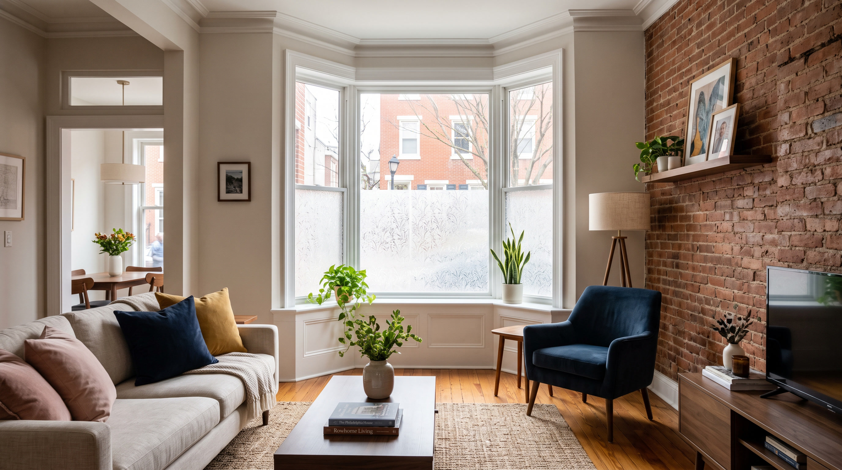 Bright comfortable Philadelphia rowhome living room with Solyx frosted privacy window film on street-facing glass