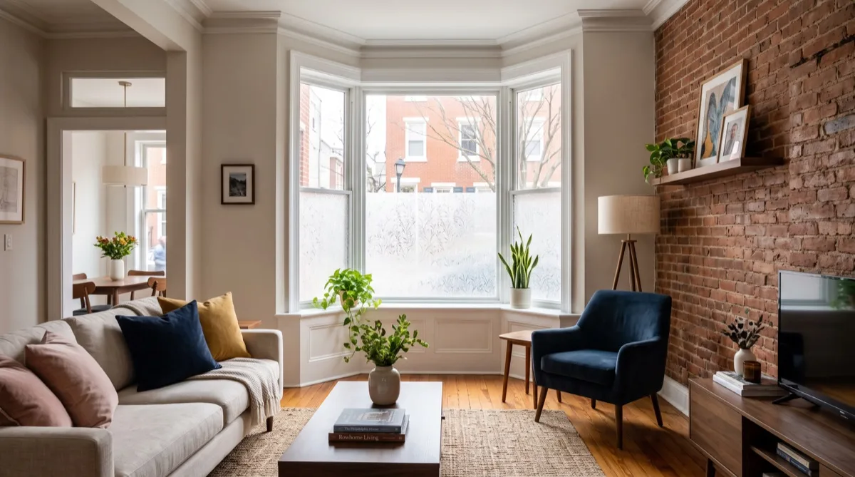 Bright comfortable Philadelphia rowhome living room with Solyx frosted privacy window film on street-facing glass