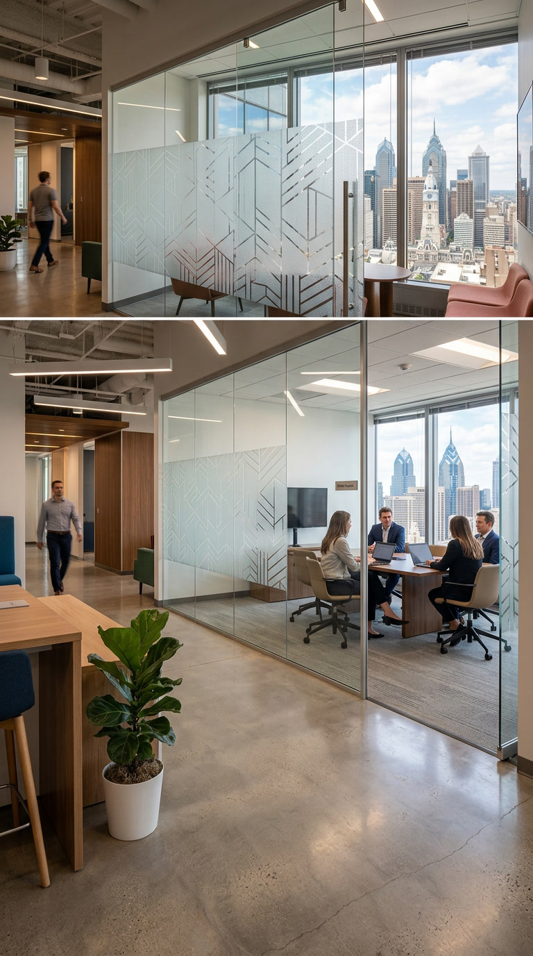 Comfortable evenly lit Philadelphia law office interior with large windows, warm soft natural light, attorneys relaxed