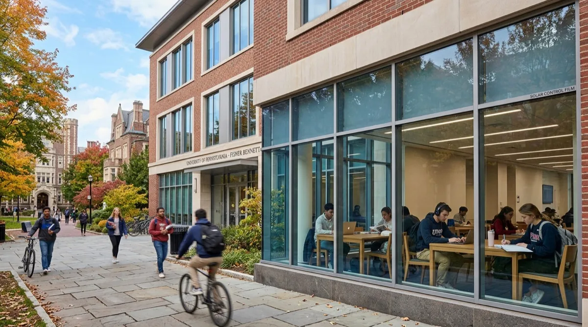 Sun control window film on Philadelphia university campus building glass