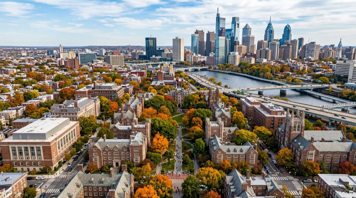 Philadelphia university campus aerial view, autumn foliage