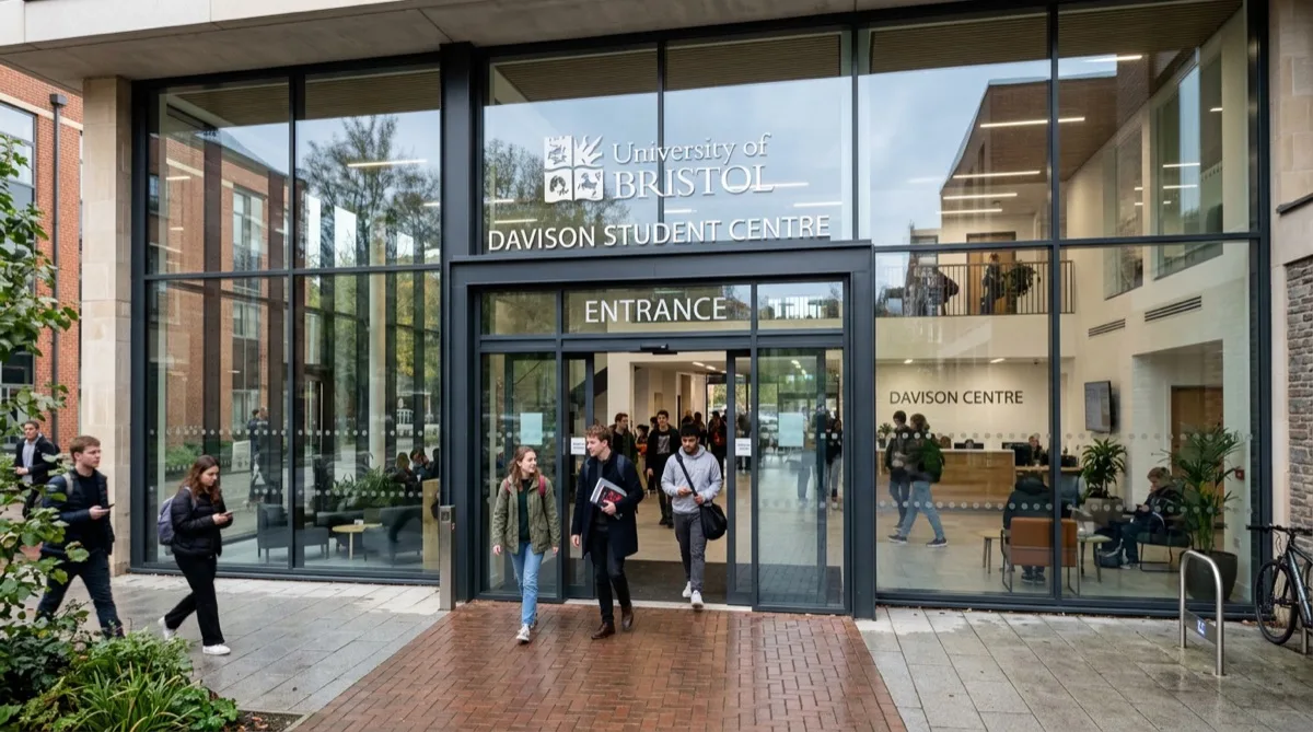 University glass entrance with clear safety film, students entering