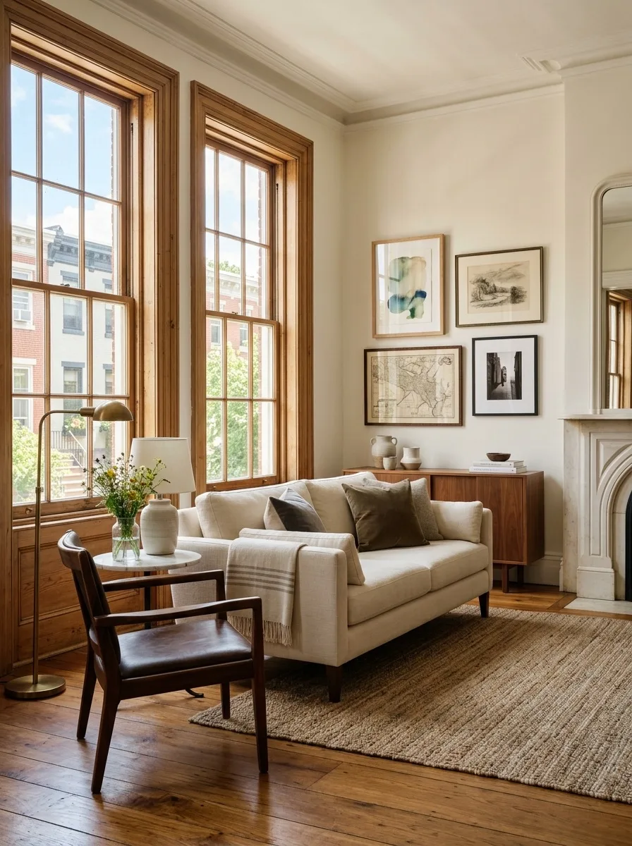Elegant Philadelphia brownstone interior with tall windows — hardwood floors, curated art, and natural light
