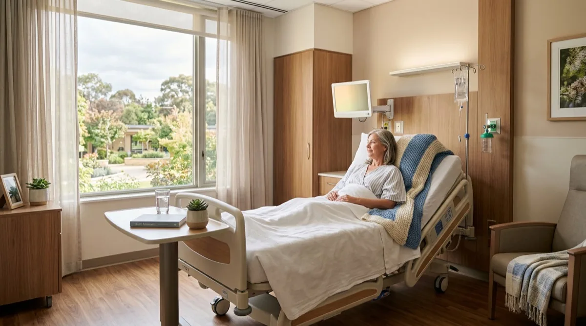 Patient room with UV protection window film and soft filtered daylight