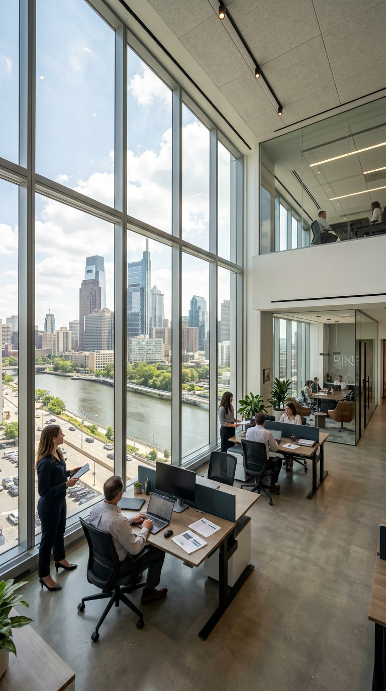 Philadelphia Class A office building with V-Kool VK70 film, clear 70% VLT glass appearance, curtain wall