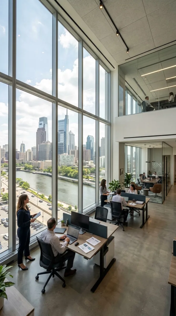 Philadelphia Class A office building with V-Kool VK70 film, clear 70% VLT glass appearance, curtain wall