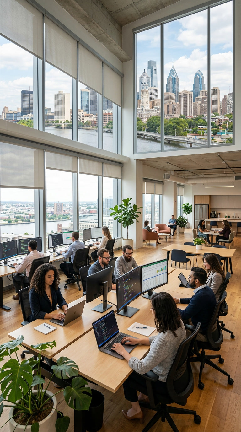 Philadelphia open-plan office with V-Kool VK75 near-clear film, maximum daylight, no screen glare