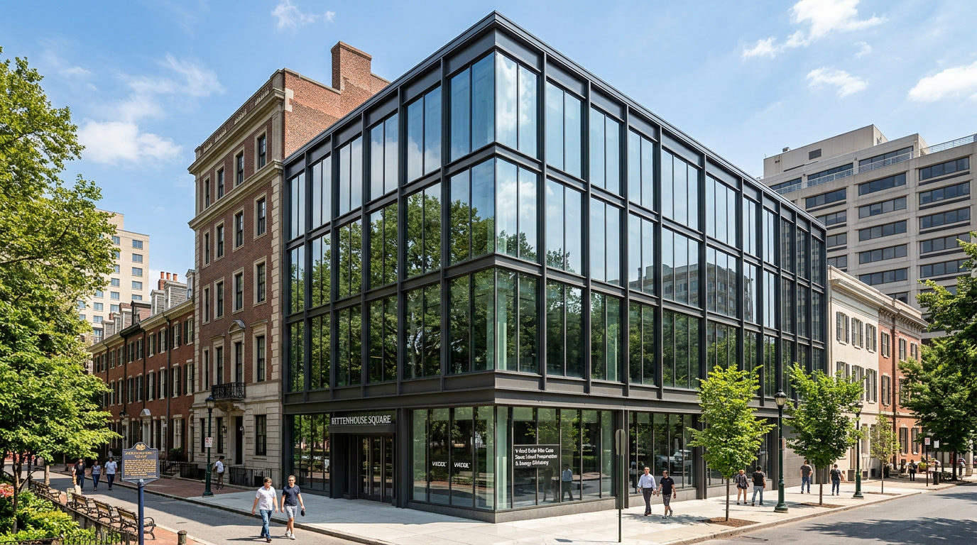 Philadelphia historic Rittenhouse building with V-Kool film installed, elegant glass facade