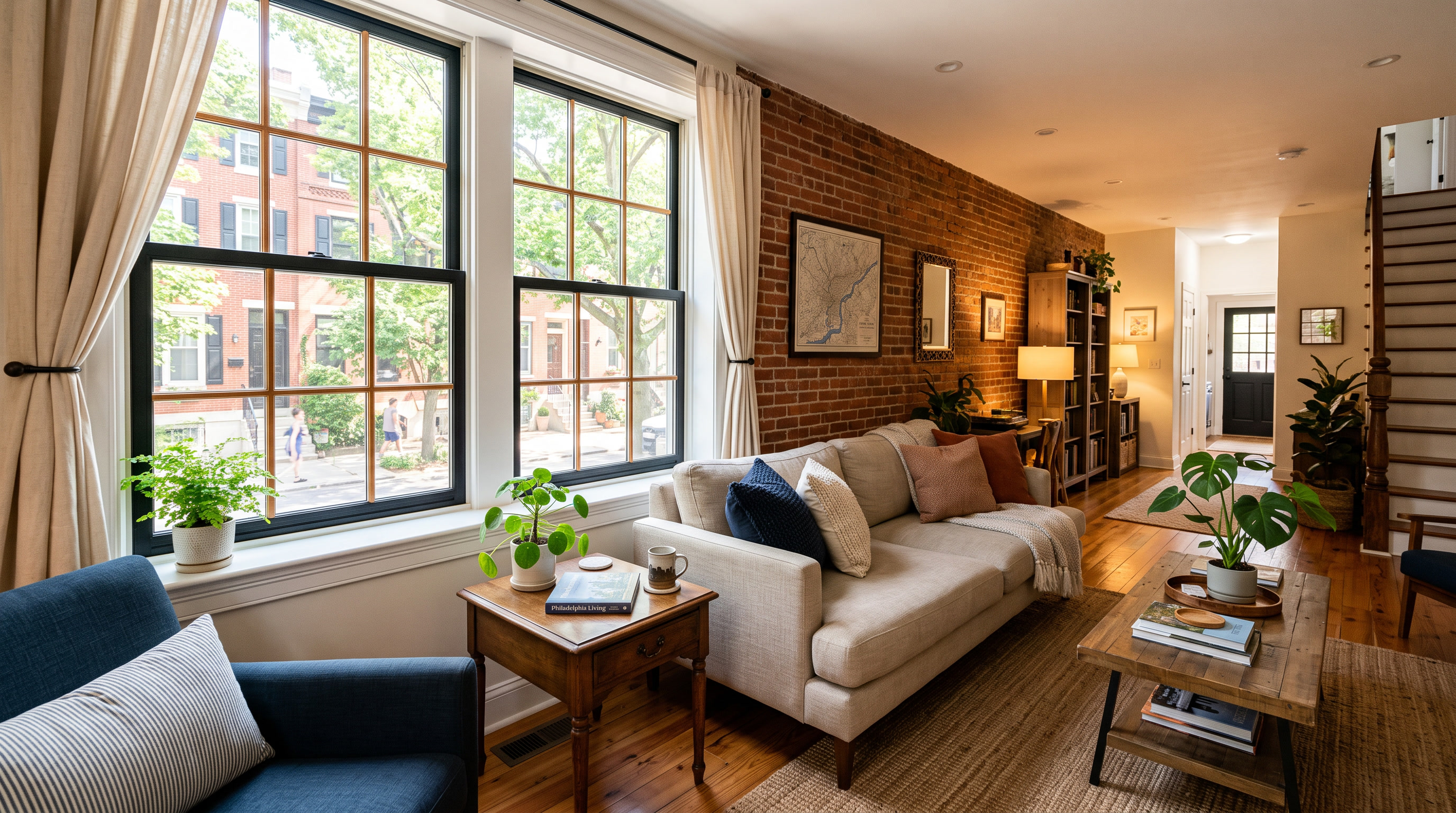 Philadelphia rowhome living room with V-Kool VK70 film, clear windows, natural light