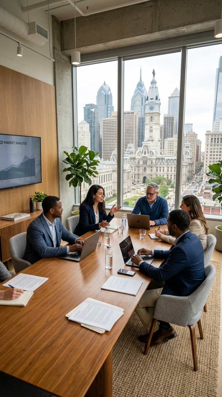 Comfortable evenly lit Philadelphia Center City office interior with large clear windows after V-Kool film, soft natural light