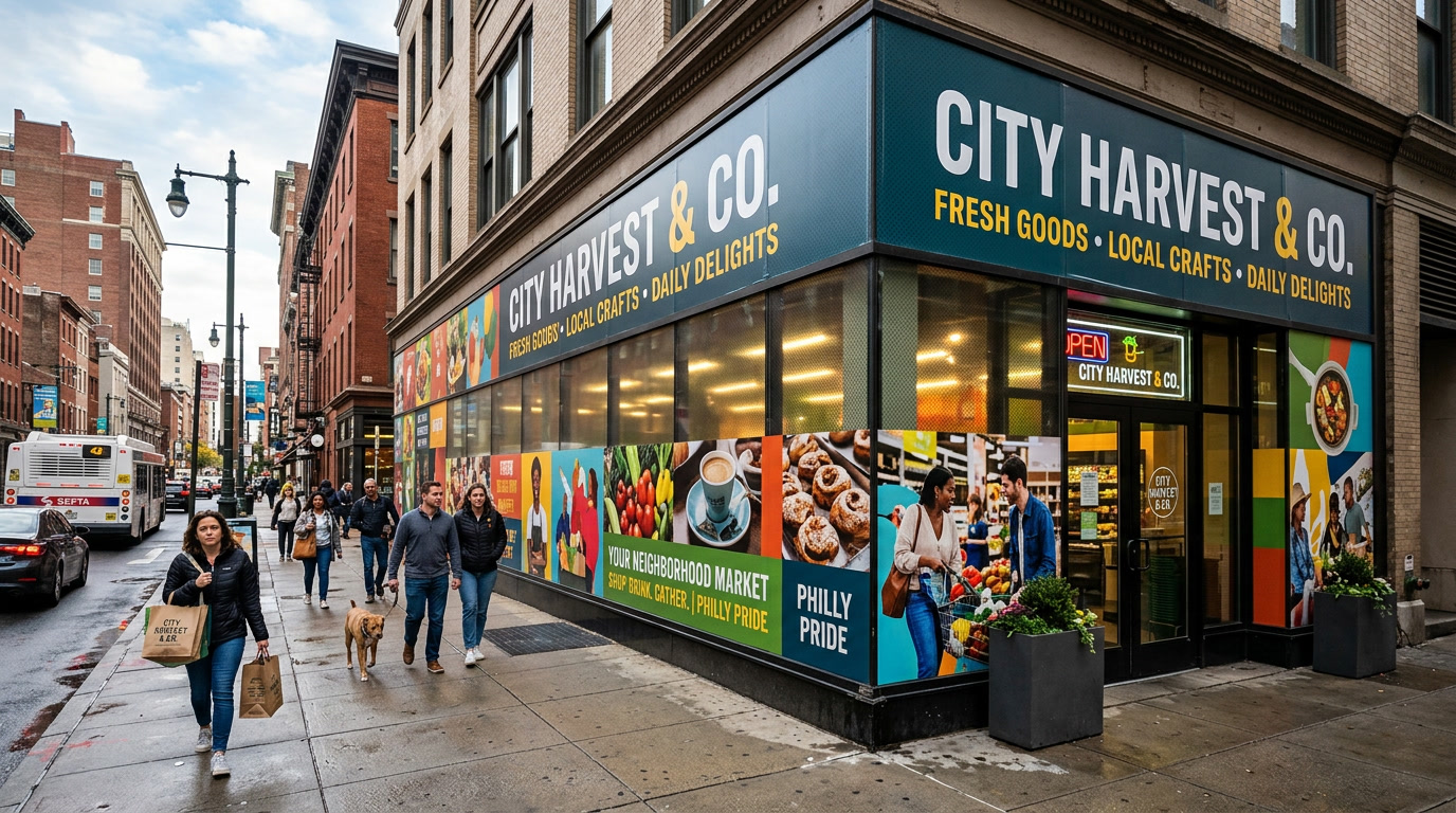 Vinyl building wrap on Philadelphia retail storefront exterior