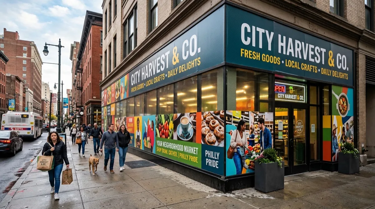 Vinyl building wrap on Philadelphia retail storefront exterior