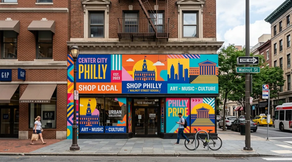 Vinyl building wrap on Philadelphia retail storefront exterior