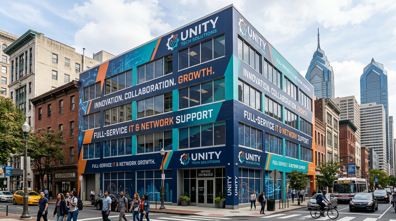 Vinyl building wrap with one-way vision perforations on Philadelphia building