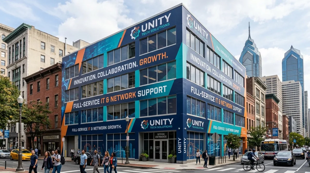 Vinyl building wrap with one-way vision perforations on Philadelphia building