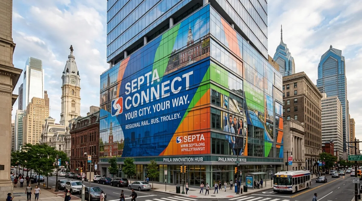 Vinyl building wrap on Philadelphia commercial building exterior