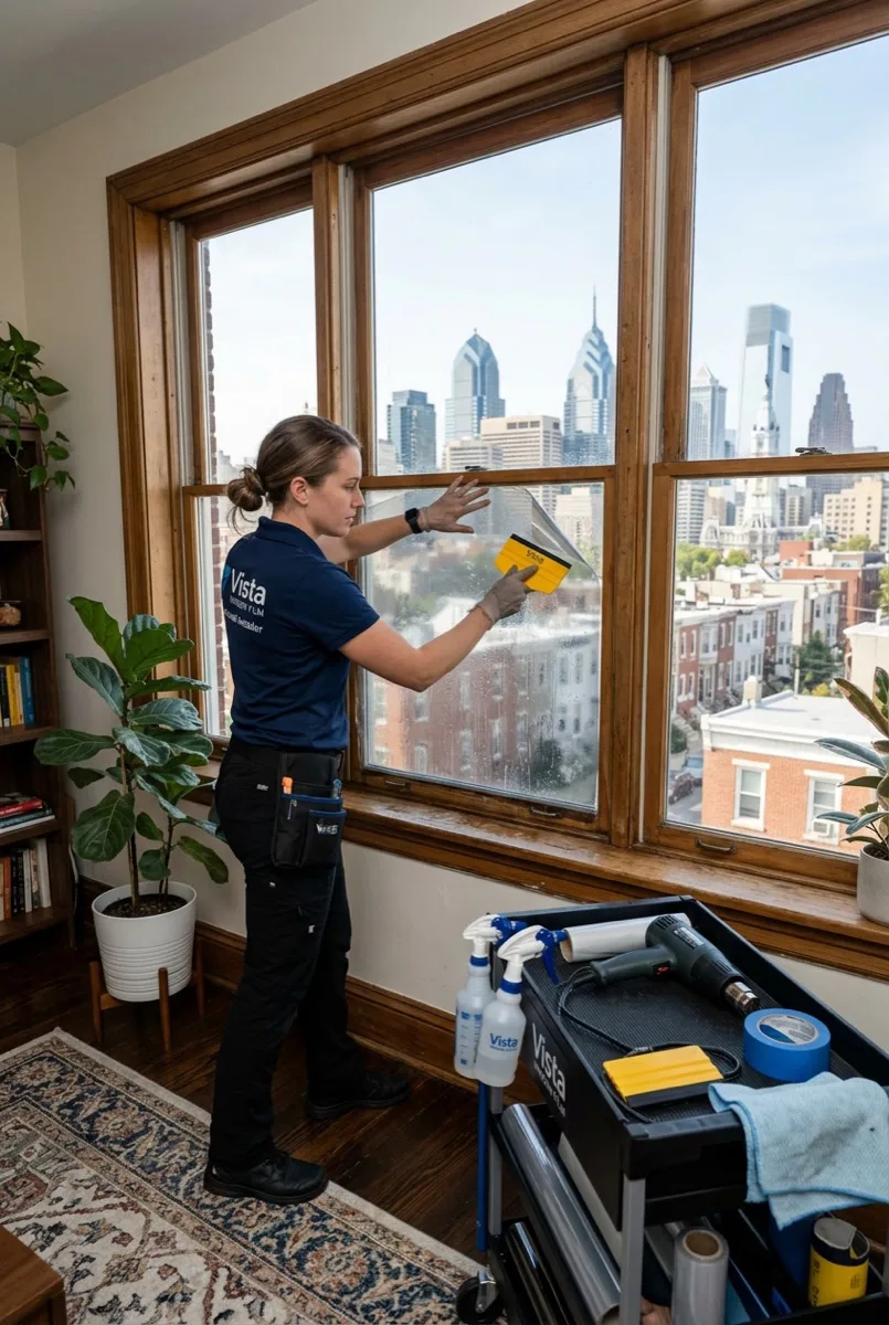 Vista window film installer applying film to Philadelphia building