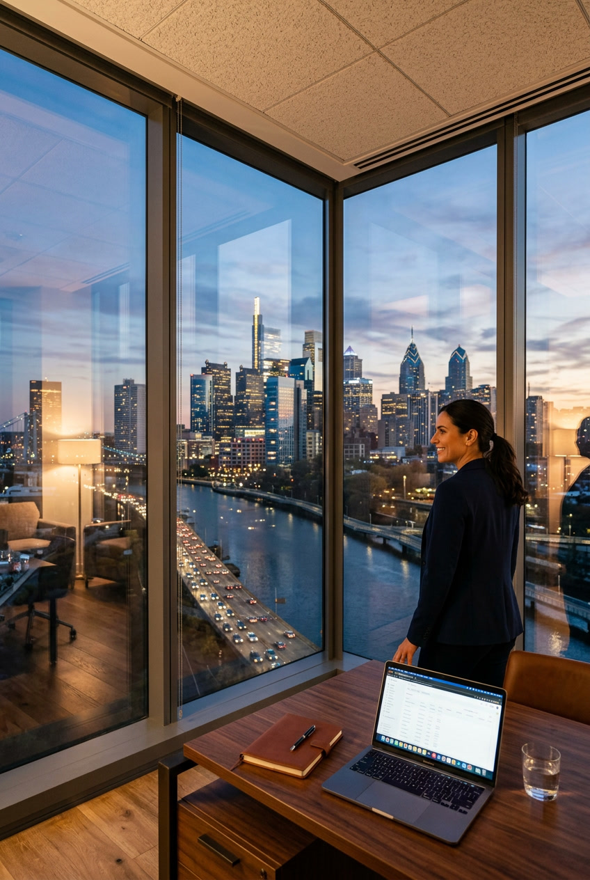 Philadelphia Center City skyline visible through floor-to-ceiling office glass — Vista window film manages solar load while preserving the view