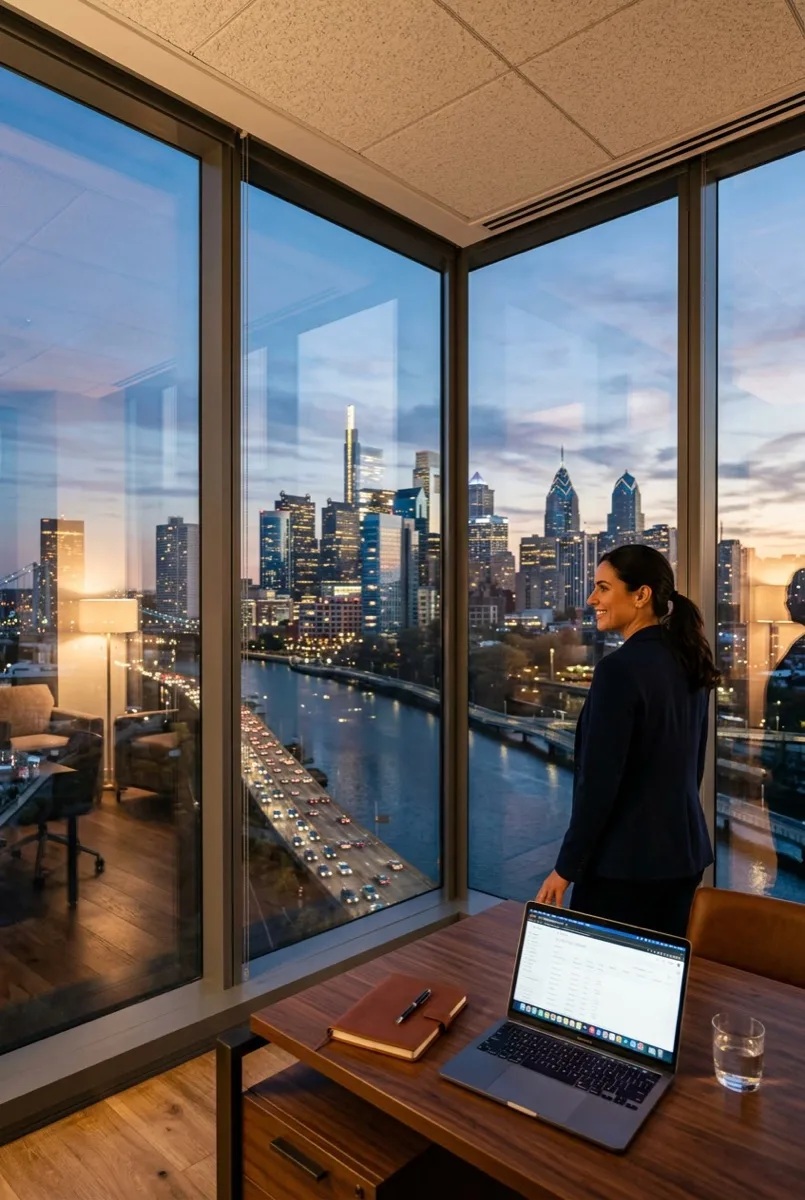Philadelphia Center City skyline visible through floor-to-ceiling office glass — Vista window film manages solar load while preserving the view