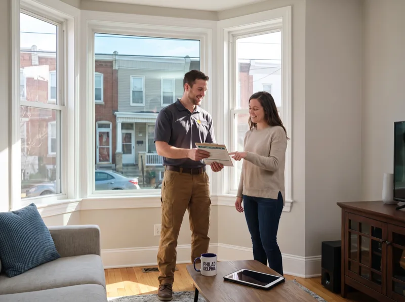 Professional window film installer showing warranty documentation to a Philadelphia homeowner