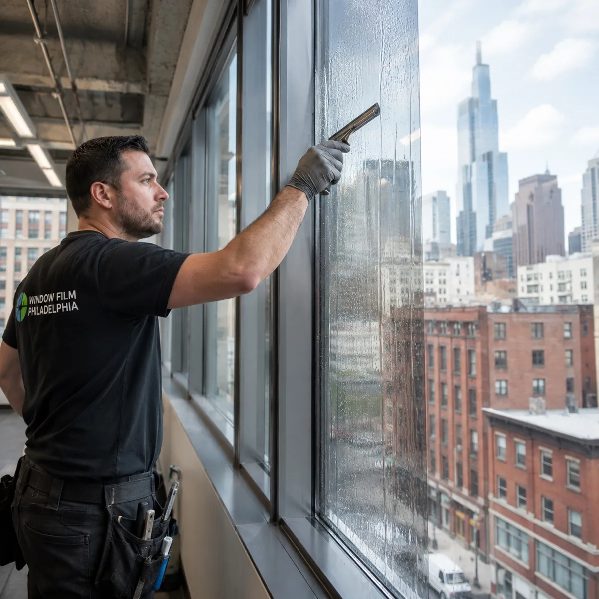 Window Film Philadelphia certified installer applying professional film with city skyline view
