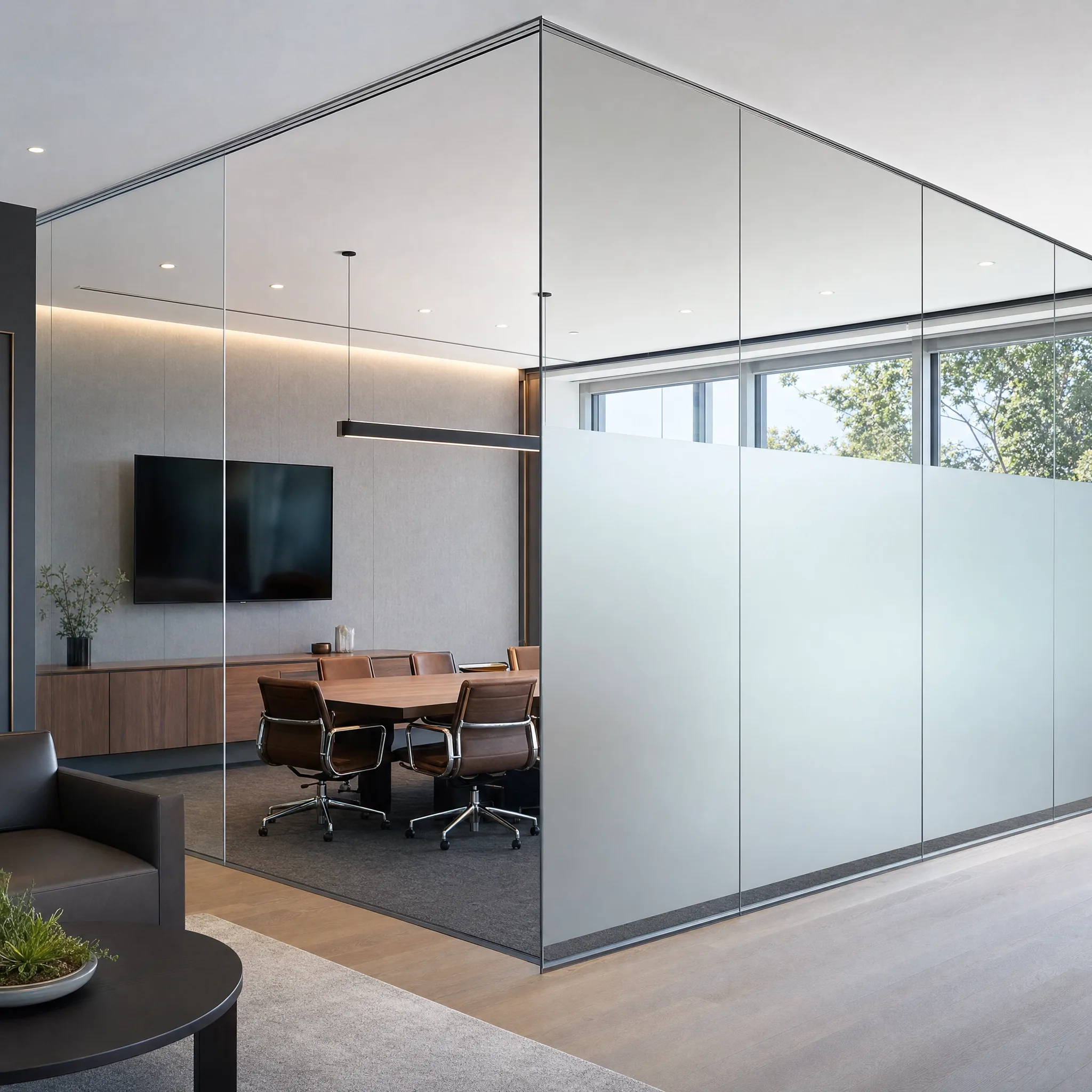 Casper cloaking film on conference room glass - LED screens invisible from outside