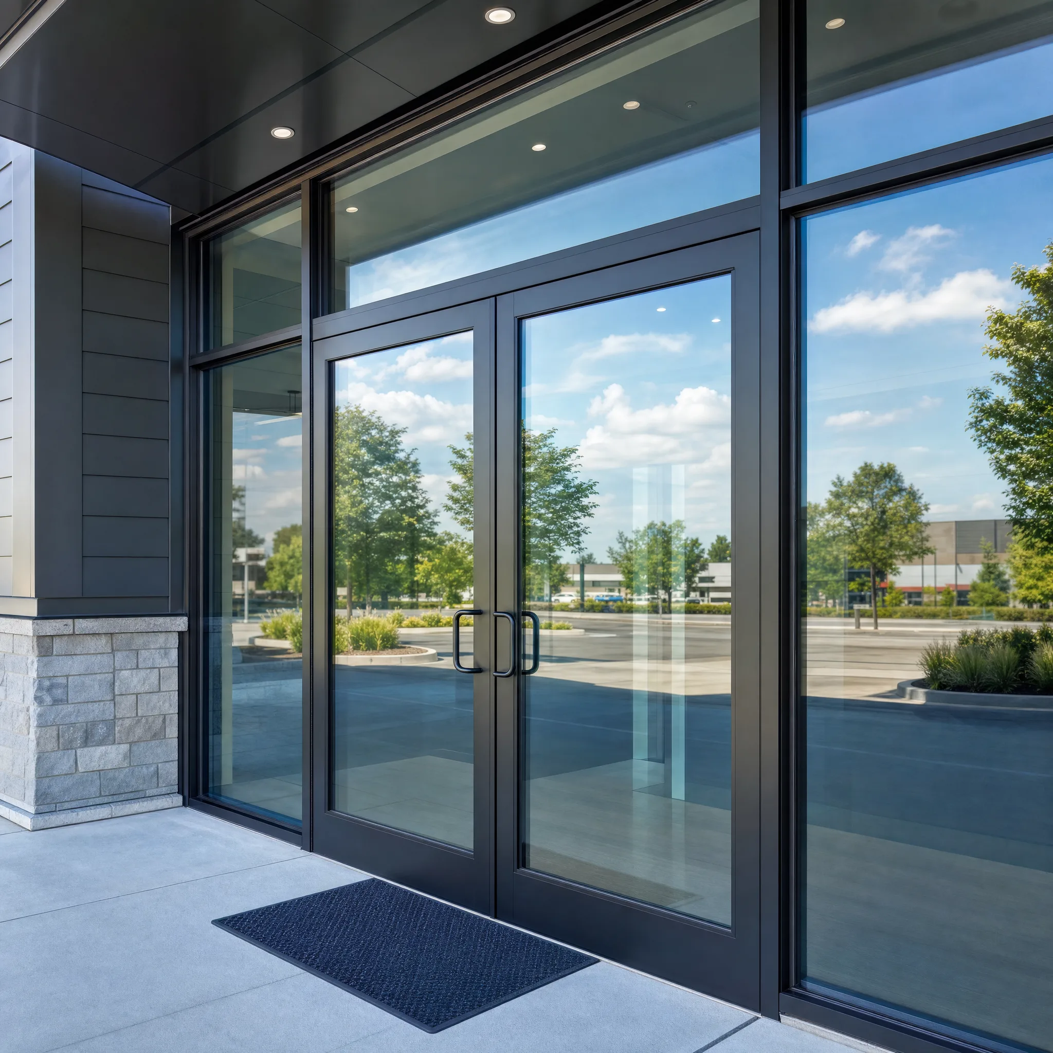 C-Bond security film reinforcing a commercial storefront glass entrance in Allentown