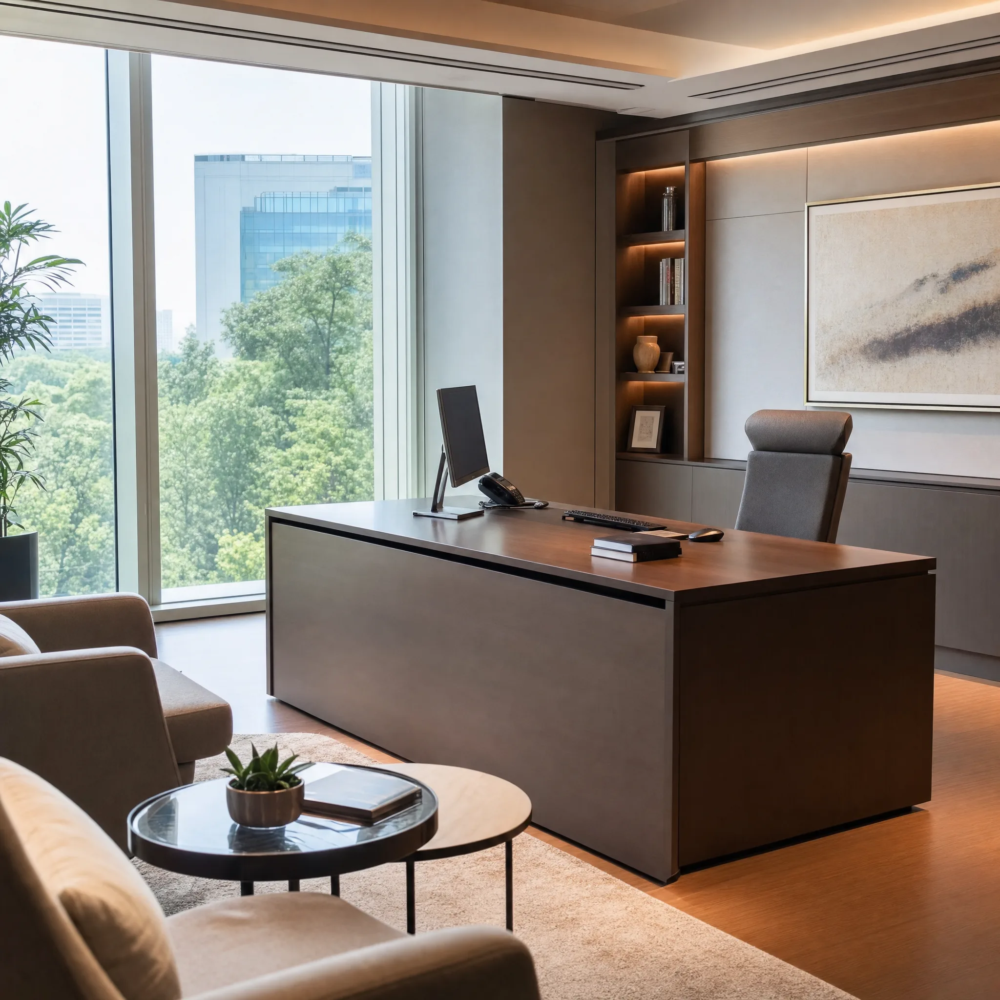 Executive office interior with Madico optically clear safety window film