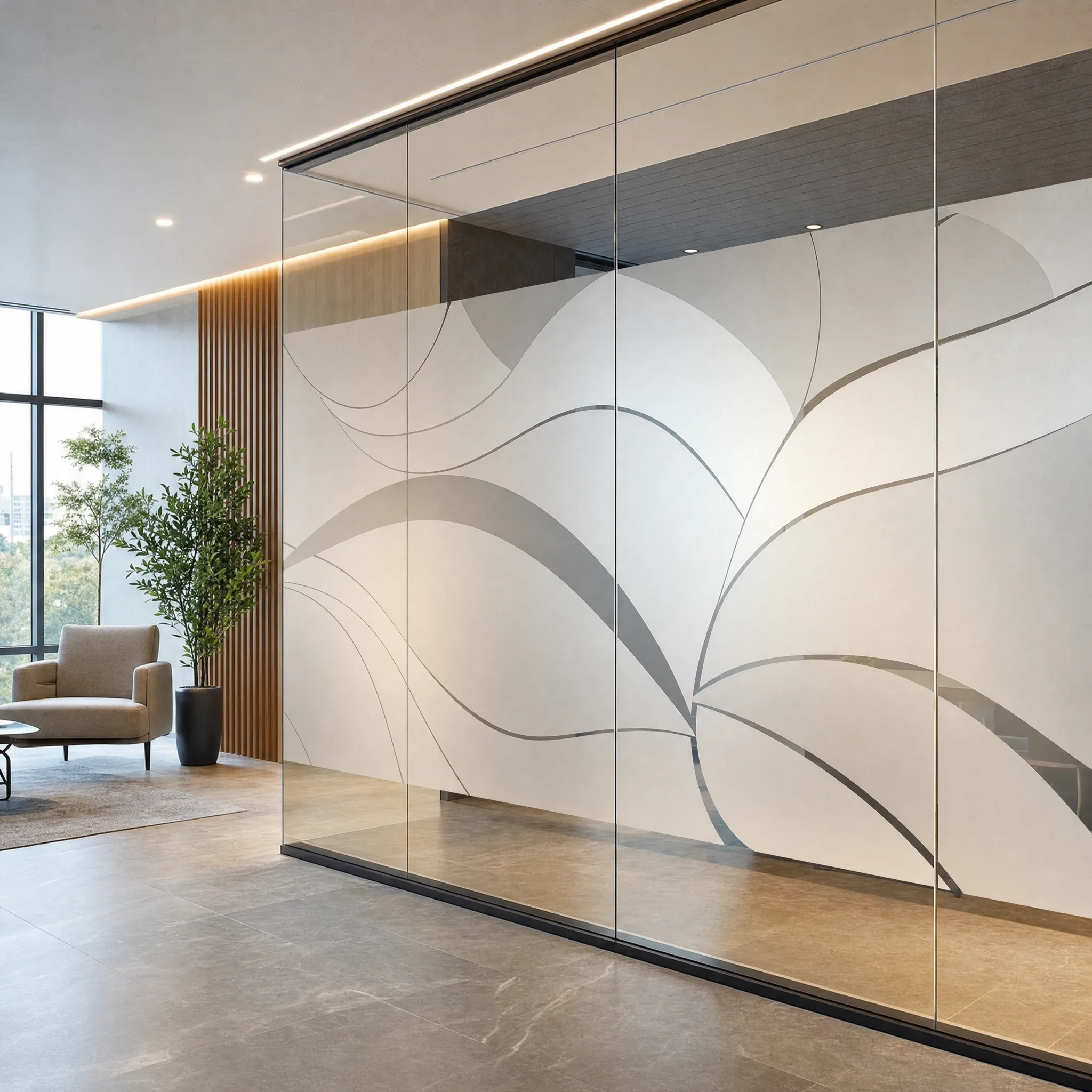 Elegant decorative frosted glass film in an Allentown PA professional office lobby