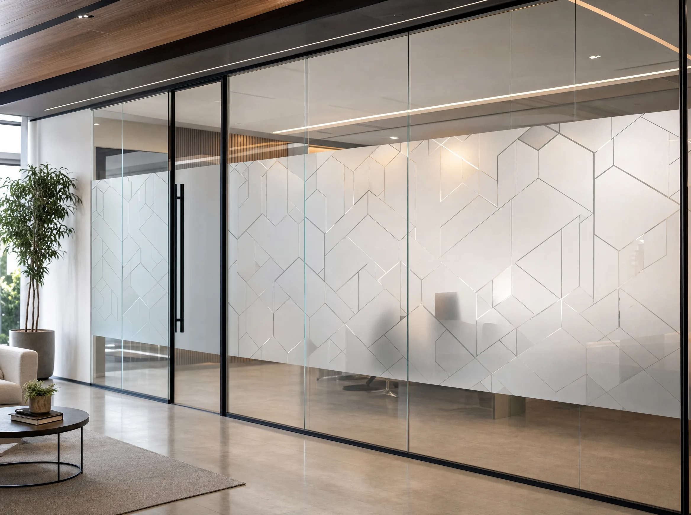 Decorative frosted glass pattern on a partition wall in an Allentown PA office or lobby