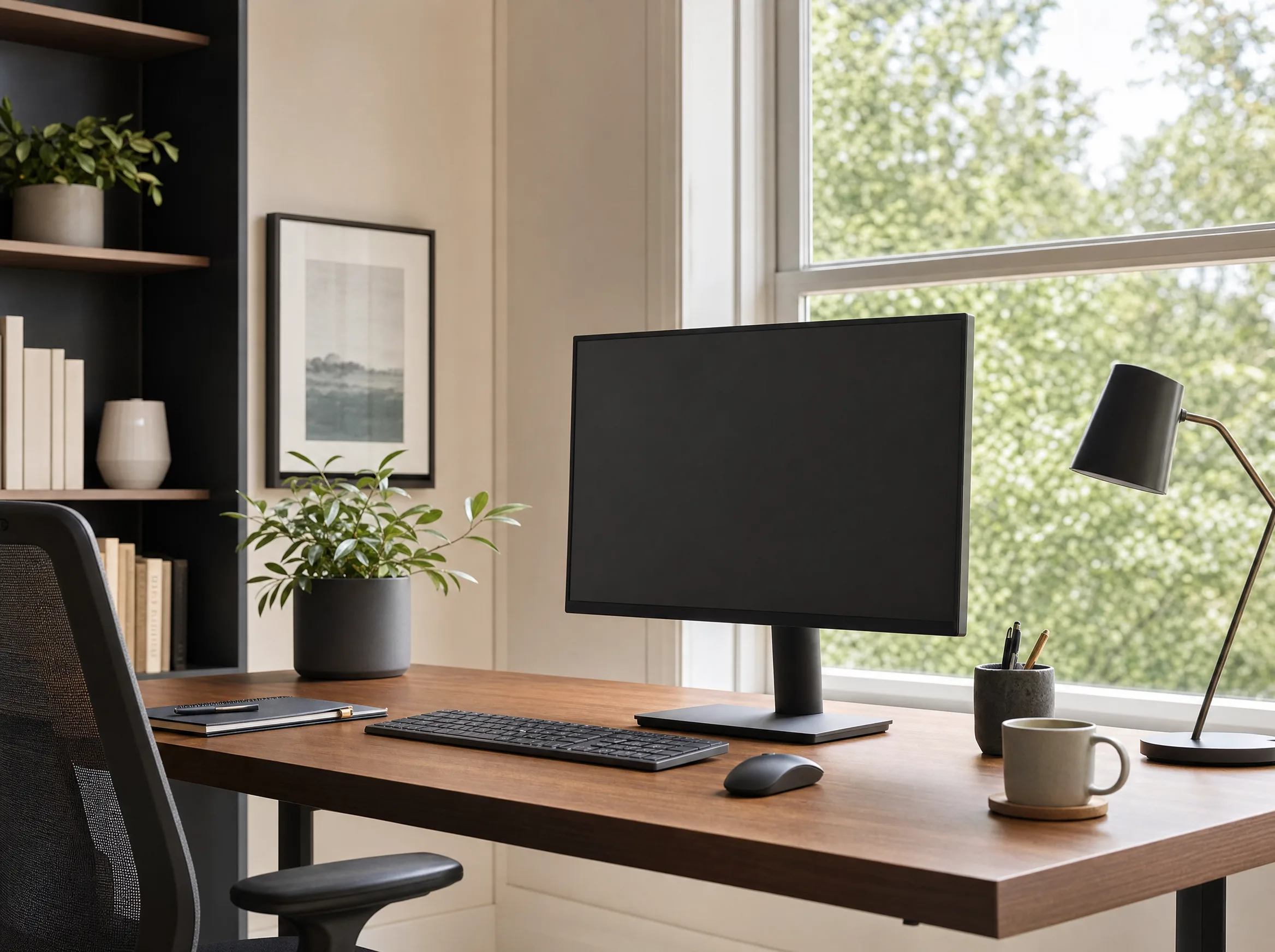 Allentown PA office worker at computer desk near window with no screen glare after window film installation