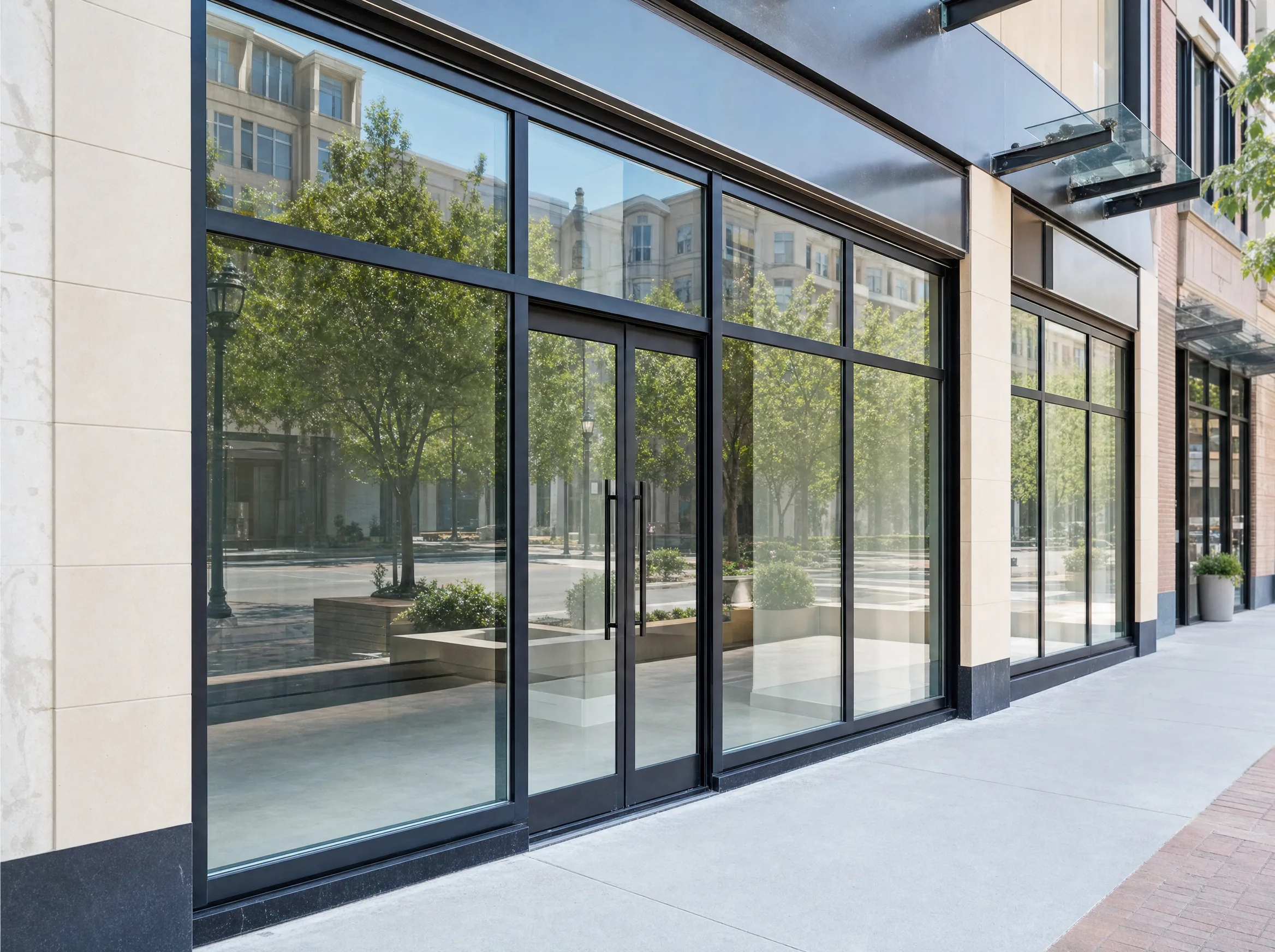 Clean commercial storefront glass in Allentown protected by anti-graffiti window film