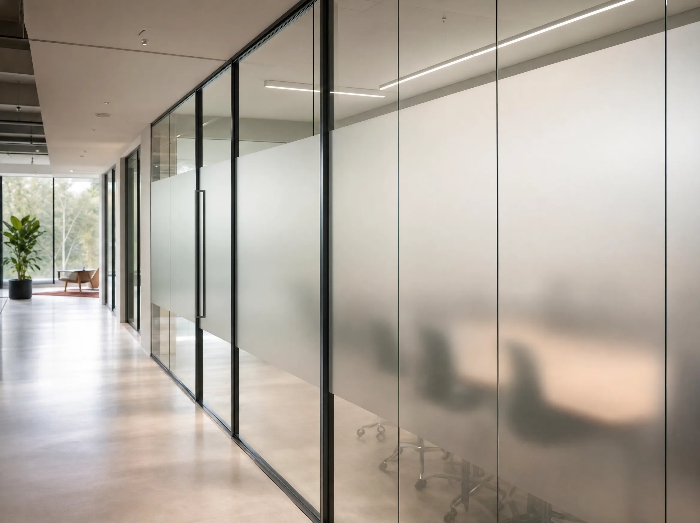 Frosted privacy window film on a conference room partition in an Allentown PA office