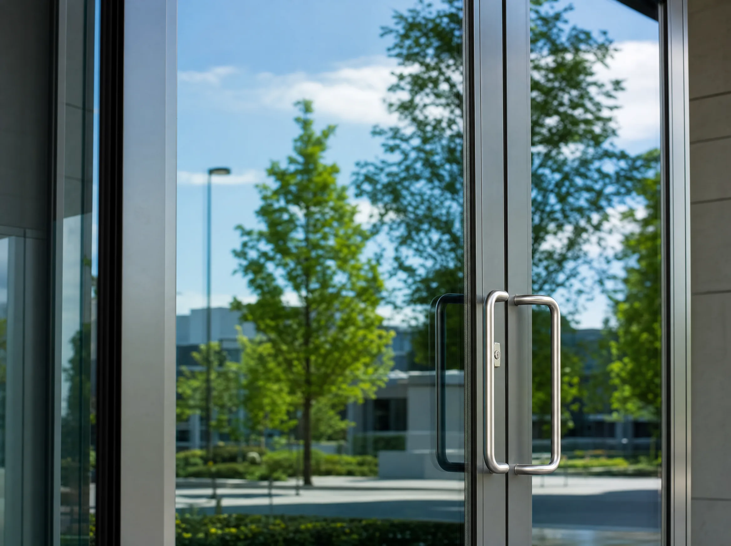 Secure commercial building entrance in Allentown PA with safety and security window film on glass doors