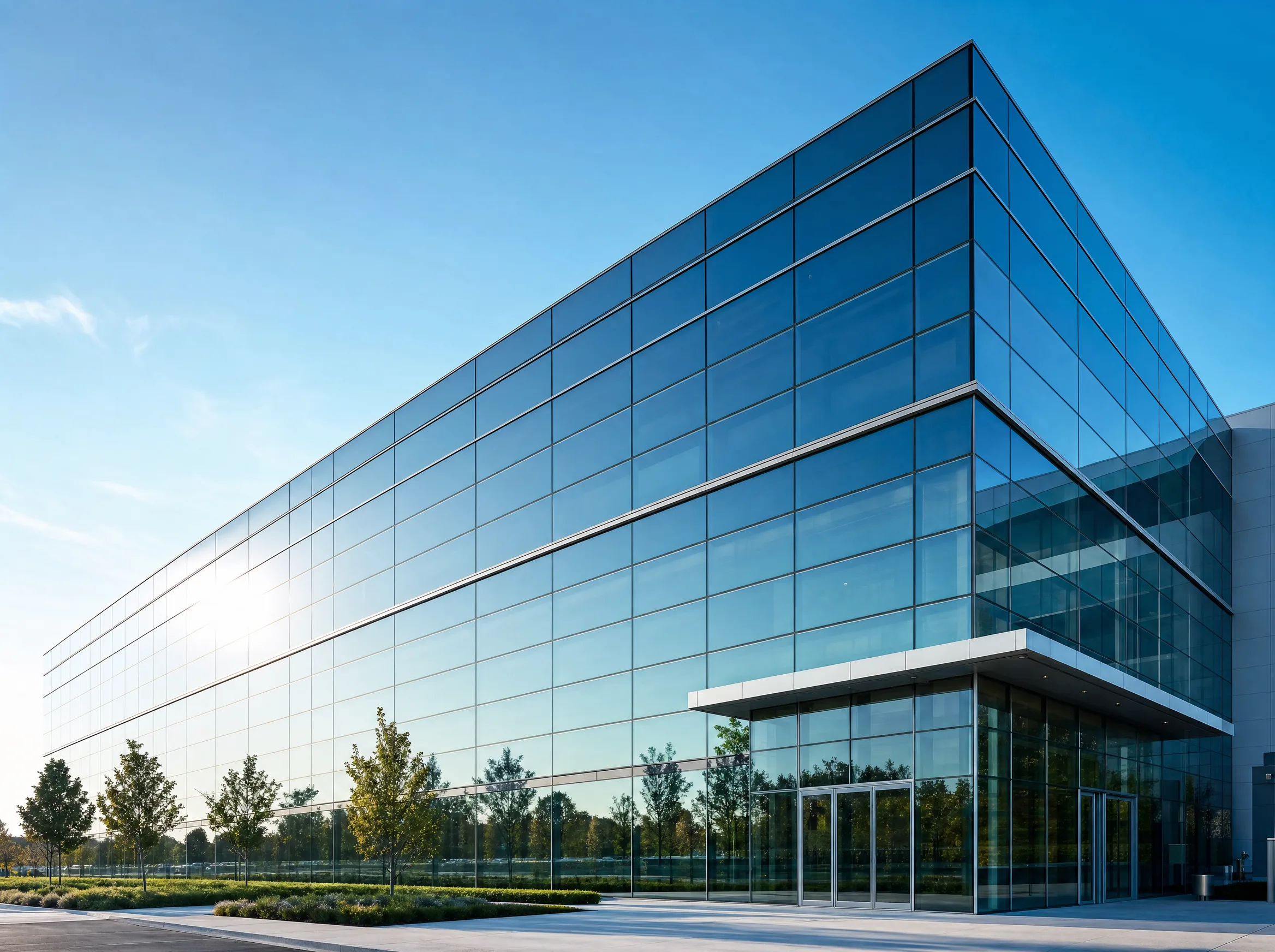 Solar control window film on a modern Allentown commercial office building exterior